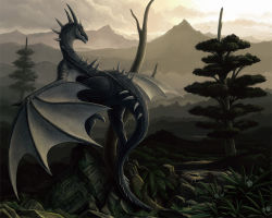 Rule 34 | bad id, bad pixiv id, black dragon, dragon, fantasy, horns, ka92, mountain, ruins, scenery, spikes, tail, tree, wings