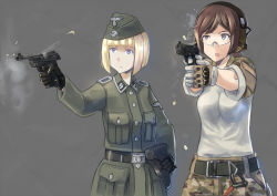 Rule 34 | 2girls, belt, black gloves, blonde hair, blue eyes, blunt bangs, breasts, brown hair, buttons, camouflage, camouflage pants, casing ejection, coat, epaulettes, erica (naze1940), firing, garrison cap, germany, gloves, grey background, gun, hand on own hip, handgun, hat, headset, holster, long hair, long sleeves, m1911, military, military uniform, multiple girls, nazi, open mouth, original, pants, pistol, ponytail, purple eyes, reichsadler, shell casing, short hair, skull, skull and crossbones, small breasts, smoke, uneven eyes, uniform, waffen-ss, walther, walther p38, weapon, white background, white gloves, world war ii