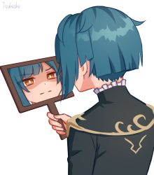 Rule 34 | 1boy, :|, absurdres, artist name, asymmetrical bangs, blue hair, bright pupils, brown eyes, chinese clothes, closed mouth, commentary, english commentary, expressionless, from behind, genshin impact, highres, holding, mirror, reflection, short hair, simple background, tsukiaki teriyaki, white background, white pupils, xingqiu (genshin impact)