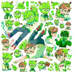 Rule 34 | !?, 1boy, brown hair, closed mouth, colored skin, commentary, english commentary, glasses, green eyes, green hair, green skin, highres, horns, looking at viewer, male focus, monster boy, multiple views, necktie, one eye closed, open mouth, pants, quackity smp, red footwear, shirt, shoes, short hair, short sleeves, sign, simple background, sleepy cheeky, slime (substance), slime boy, slimecicle, smile, sneakers, white background, white shirt