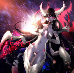 Rule 34 | 1girl, alternate costume, arthropod limbs, backlighting, black hair, blurry, c-string, character name, depth of field, elise (league of legends), forehead jewel, gradient background, highres, horns, league of legends, lens flare, long hair, midriff, nal (nal&#039;s pudding), navel, red eyes, revealing clothes, signature, silk, solo, spider web, strapless bottom, very long hair