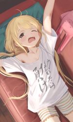 1girl absurdres blonde_hair blush braid brown_eyes diky flat_chest futaba_anzu highres idolmaster idolmaster_cinderella_girls long_hair low_twintails one_eye_closed open_mouth pillow shirt shorts single_braid solo stretching striped_clothes striped_shorts t-shirt twintails yawning