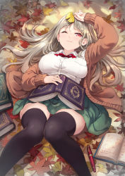 Rule 34 | 1girl, arm up, black thighhighs, book, bow, bowtie, breast pocket, breasts, brown hair, brown jacket, closed mouth, collared shirt, commentary request, dress shirt, green skirt, highres, hinoki yuu, holding, holding book, holding leaf, jacket, knees together feet apart, knees up, leaf, long hair, lying, medium breasts, miniskirt, on back, on ground, one eye closed, open book, open clothes, open jacket, original, pleated skirt, pocket, red bow, red bowtie, red eyes, school uniform, shirt, skirt, sleeve cuffs, sleeves past wrists, solo, thighhighs, white shirt, zettai ryouiki