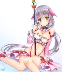 Rule 34 | 1girl, ahoge, blush, breasts, character request, cleavage, commentary request, detached sleeves, flower knight girl, frilled sleeves, frills, green eyes, grey hair, hair ribbon, highres, holding, holding staff, long hair, looking at viewer, medium breasts, navel, open mouth, pink ribbon, pink skirt, piyoyanagi, ribbon, simple background, sitting, skirt, solo, staff, translation request, very long hair, white background