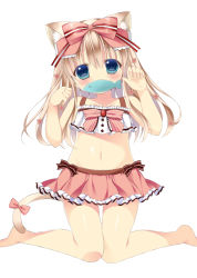 Rule 34 | 1girl, animal ears, bare legs, barefoot, blue eyes, bow, brown hair, cat ears, cat tail, fish, hair bow, hair ribbon, kneeling, looking at viewer, mouth hold, navel, original, paw pose, pleated skirt, ribbon, riria (happy strawberry), simple background, skirt, solo, swimsuit, tail, white background