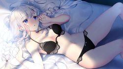 Rule 34 | 1girl, armpits, bed, bed sheet, blue eyes, blush, bra, braid, breasts, breasts apart, cleavage, female focus, from above, game cg, groin, legs, long hair, lying, medium breasts, navel, on bed, original, panties, parted lips, pero, pillow, re:d cherish, sheet grab, solo, thighs, twin braids, underwear, underwear only, unica la-speranza, white hair