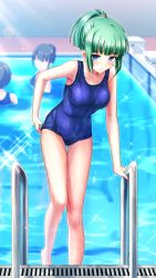 Rule 34 | 3girls, adjusting clothes, adjusting swimsuit, bare legs, blue eyes, blue one-piece swimsuit, blunt bangs, blurry, blurry background, blush, breasts, closed mouth, collarbone, doukyuusei another world, game cg, green hair, iijima miyuki, kakyuusei, long hair, looking at viewer, medium breasts, multiple girls, official art, one-piece swimsuit, ponytail, pool, pool ladder, school swimsuit, sidelocks, solo focus, sparkle, swimsuit, thigh gap
