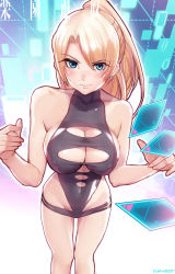 Rule 34 | 1girl, alternate costume, alternate hairstyle, angela balzac, bare shoulders, black one-piece swimsuit, blonde hair, blue eyes, blush, breasts, cleavage, cleavage cutout, clothing cutout, copyright name, from above, glowing, groin, high ponytail, highleg, highleg swimsuit, highres, hitomi o, large breasts, light smile, long hair, looking at viewer, one-piece swimsuit, parted bangs, ponytail, rakuen tsuihou, sideboob, signature, smile, solo, standing, swimsuit, thigh gap