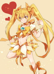 Rule 34 | 10s, 1girl, asprach, blonde hair, boots, bow, brooch, cure sunshine, hair ribbon, heart, heart brooch, heartcatch precure!, knee boots, long hair, magical girl, midriff, myoudouin itsuki, navel, orange bow, orange skirt, precure, ribbon, skirt, solo, twintails, wrist cuffs, yellow background, yellow bow, yellow eyes, yellow theme