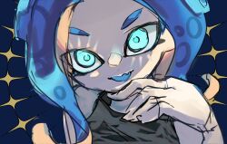 Rule 34 | 1girl, :d, bare shoulders, black tank top, blue background, blue eyes, blue hair, blue pupils, dot nose, eyes visible through hair, fang, hand up, koike3582, long hair, looking at viewer, nintendo, octoling, octoling girl, octoling player character, open mouth, skin fang, smile, solo, splatoon (series), suction cups, tank top, tentacle hair, upper body