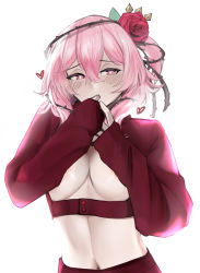 Rule 34 | 1girl, absurdres, blush, breast cutout, breasts squeezed together, breasts, embarrassed, eyelashes, flower, heart, heart-shaped pupils, highres, long sleeves, looking to the side, medium breasts, midriff, navel, nijisanji, nijisanji en, nipple slip, nipples, pants, pink eyes, pink hair, plant, pupi (rain prophet), red flower, red pants, red rose, red shirt, rose, rosemi lovelock, shirt, short sidetail, sleeves past wrists, solo, symbol-shaped pupils, thorns, vines, virtual youtuber, white background