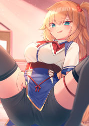 Rule 34 | 1girl, akai haato, akai haato (1st costume), aqua eyes, black shorts, black thighhighs, blonde hair, blue skirt, blush, breasts, commentary request, hair ornament, hair ribbon, hand under clothes, hand under shorts, heart, heart hair ornament, high-waist skirt, highres, hololive, indoors, large breasts, light particles, long hair, looking at viewer, magowasabi, nail polish, one side up, open mouth, red ribbon, ribbon, shirt, short shorts, short sleeves, shorts, signature, skirt, smile, solo, thighhighs, twitter username, very long hair, virtual youtuber, white shirt