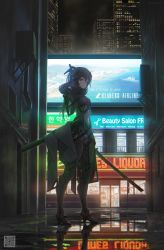 Rule 34 | 1girl, armor, billboard, blood, bloody weapon, bodysuit, breasts, brown hair, building, commentary request, covered navel, english text, frown, full body, hand on own head, high heels, highres, holding, holding sword, holding weapon, korean text, long hair, looking at viewer, neon lights, original, reflection, sheath, skin tight, skyscraper, small breasts, solo, standing, sword, tom-neko (zamudo akiyuki), unsheathed, weapon, wet ground