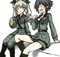 Rule 34 | 10s, 2girls, anchovy (girls und panzer), anzio military uniform, black hair, boots, bottle, breasts, brown eyes, cleavage, commentary, days135, drill hair, drink, closed eyes, girls und panzer, green hair, hair ribbon, highres, holding, jacket, medium breasts, multiple girls, one eye closed, open mouth, pepperoni (girls und panzer), ribbon, short hair, sitting, sweat, twintails