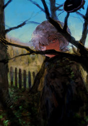 Rule 34 | 1boy, bare tree, cloak, covered mouth, creature, day, fence, grey hair, hair between eyes, kuga yuuma, looking at viewer, looking to the side, male focus, outdoors, replica, short hair, sky, solo focus, sorayumeamano, traditional media, tree, upper body, world trigger