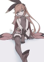 Rule 34 | 10s, 1girl, artist name, black gloves, black ribbon, black thighhighs, blush, cape, clarisse (granblue fantasy), convenient leg, feet, foreshortening, gloves, granblue fantasy, hair ribbon, head tilt, ks (xephyrks), leg up, long hair, looking at viewer, monochrome, no shoes, ribbon, signature, sitting, sketch, solo, spot color, swept bangs, thighhighs, very long hair