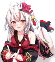 Rule 34 | 1girl, bare shoulders, bell, black footwear, black kimono, blush, breasts, cleavage, double-parted bangs, double bun, fang, hair bell, hair between eyes, hair bun, hair ornament, hashtag only commentary, highres, hololive, horns, iruka3, japanese clothes, kimono, kouhaku nawa, legs up, long hair, long sleeves, looking at viewer, lying, mask, medium breasts, multicolored hair, nakiri ayame, nakiri ayame (1st costume), off shoulder, on stomach, oni, oni mask, red eyes, red hair, red kimono, rope, shimenawa, skin-covered horns, skin fang, smile, solo, streaked hair, thighhighs, two side up, virtual youtuber, white hair, white thighhighs, wide sleeves