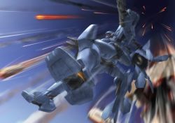 Rule 34 | artist request, dual wielding, f-15e strike eagle, falling, game cg, gun, highres, holding, holding gun, holding weapon, looking down, mecha, motion blur, muv-luv, muv-luv alternative, muv-luv alternative chronicles, no humans, official art, robot, science fiction, sky, solo, tactical surface fighter, visor, weapon