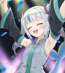Rule 34 | 1girl, armpits, arms up, black sleeves, blue hair, blunt bangs, blush, closed eyes, collared shirt, commentary, confetti, cosplay, detached sleeves, english commentary, fins, fish tail, gawr gura, glowstick, green necktie, grey hair, grey shirt, hair ornament, hatsune miku, hatsune miku (cosplay), highres, holding, holding glowstick, hololive, hololive english, long hair, long sleeves, multicolored hair, necktie, open mouth, shark girl, shark tail, sharp teeth, shirt, sidelocks, sleeveless, sleeveless shirt, smile, solo, streaked hair, tail, teeth, twintails, twitter username, upper body, varliet, virtual youtuber, vocaloid