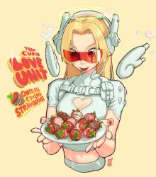Rule 34 | 1girl, artist name, blonde hair, breasts, bubble, candy, chocolate, chocolate covered, chocolate covered strawberry, edpan, english text, food, food in mouth, fruit, halo, headset, heart bubbles, highres, lollipop, long hair, midriff, nail polish, navel, original, red-tinted eyewear, red-tinted glasses, red eyes, red nails, solo, strawberry, sunglasses, tinted eyewear, visor, wings