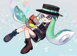 Rule 34 | 1girl, bike shorts, black hat, black neckerchief, black shirt, black shorts, blouse, blunt bangs, boater hat, boots, bow, brown footwear, bubble, chum (splatoon), colored tongue, commentary, cross-laced footwear, floating, green bow, green hair, green tongue, grey eyes, grey skirt, hat, hat bow, highres, inkling, inkling girl, inkling player character, long hair, long sleeves, looking at another, miniskirt, neckerchief, nintendo, no socks, nou (nounknown), open mouth, pointy ears, sailor collar, salmonid, shirt, shorts, shorts under skirt, single horizontal stripe, skirt, smile, solo, splatoon (series), splatoon 2, star (symbol), tentacle hair, twitter username