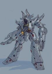 Rule 34 | arm cannon, deathfacer, full body, grey background, leaning forward, looking down, mecha, no humans, robot, science fiction, shadow, tokusatsu, ultra series, ultraman dyna (series), ultraman tiga &amp; ultraman dyna: hikari no hoshi no senshi-tachi, ultraman tiga (series), vaison, weapon