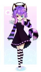Rule 34 | 1boy, :3, animal ears, black dress, blue background, blue eyes, blush, body fur, bodypaint, border, bow, cat boy, cat ears, cat girl, chromatic aberration, commission, dress, feathered wings, full body, furry, furry male, gradient background, gradient hair, hair bow, hair ornament, halo, hand up, happy, heart, heart print, heterochromia, highres, leg up, light blush, long hair, long sleeves, male focus, methynecros, multicolored hair, open mouth, original, outside border, pink background, pink hair, purple bow, purple hair, purple sleeves, raglan sleeves, red eyes, sidelocks, simple background, skull hair ornament, smile, solo, speech bubble, spoken star, standing, standing on one leg, star (symbol), striped clothes, striped sleeves, striped thighhighs, teeth, thighhighs, trap, two-tone background, v, white border, wings, zettai ryouiki