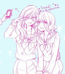 Rule 34 | 2girls, :d, ;d, asada nikki, bad id, bad twitter id, blue background, blush, cellphone, commentary request, copyright name, glasses, grin, hand on another&#039;s hip, heart, hibike! euphonium, long hair, looking at another, monochrome, multiple girls, multiple monochrome, neckerchief, one eye closed, open mouth, oumae kumiko, out of frame, phone, salute, school uniform, serafuku, short hair, skirt, smartphone, smile, spoken heart, star (symbol), sweatdrop, taking picture, tanaka asuka, upper body