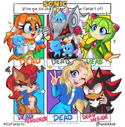 Rule 34 | 2boys, 4girls, absurdres, annoyed, archie comics, arm around shoulder, blonde hair, blue dress, blue eyes, blue hairband, chao (sonic), commentary, cosmo (sonic), dress, english commentary, english text, flower, frown, furry, furry female, furry male, hairband, highres, holding, holding flower, infinite (sonic), looking to the side, maria robotnik, multiple boys, multiple drawing challenge, multiple girls, one eye closed, pink flower, pink rose, red eyes, red hair, rose, sally acorn, shadow the hedgehog, six fanarts challenge, smile, sonic (series), sonic adventure, sonic forces, sonic the hedgehog (archie comics), sonic x, tikal the echidna, twitter username, v, wizaria
