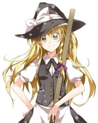 Rule 34 | 1girl, apron, blonde hair, bow, braid, broom, female focus, hair bow, hand on own hip, hat, hat ribbon, head tilt, kenao, kirisame marisa, long hair, looking at viewer, puffy sleeves, ribbon, short sleeves, simple background, single braid, skirt, smile, solo, touhou, vest, white background, witch hat, yellow eyes, yuushi toshihiko