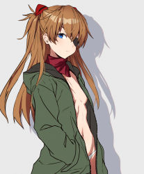 Rule 34 | 1girl, blue eyes, blush, breasts, breasts apart, brown hair, closed mouth, cowboy shot, evangelion: 3.0 you can (not) redo, eyepatch, green jacket, hair ornament, hands in pockets, highres, jacket, long hair, long sleeves, looking at viewer, navel, neon genesis evangelion, no bra, one eye covered, open clothes, open jacket, panties, rebuild of evangelion, red scarf, scarf, small breasts, solo, souryuu asuka langley, takanashi kei (hitsujikan), underwear, unzipped, white panties