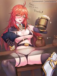 Rule 34 | 1girl, ahoge, armor, belt, bouncing breasts, bra, breasts, cape, cermia (epic seven), cleft of venus, cup, elbow gloves, english text, epic seven, gloves, mug, panties, rebe11, red eyes, red hair, solo, spread legs, thighhighs, underwear, underwear only, wedgie