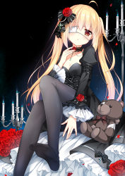 Rule 34 | 1girl, :o, ahoge, black bow, black dress, black pantyhose, blonde hair, blue fire, blush, bow, breasts, brown eyes, burning, candle, candlestand, cleavage, commentary request, copyright request, dress, eyepatch, fire, flower, hair between eyes, hair bow, hand up, juliet sleeves, loading (verjuice), long hair, long sleeves, looking at viewer, medical eyepatch, no shoes, official art, pantyhose, parted lips, petals, puffy sleeves, red flower, red rose, rose, sitting, small breasts, soles, solo, striped, striped bow, stuffed animal, stuffed toy, teddy bear, twintails, very long hair, wide sleeves