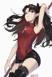 Rule 34 | 10s, 1girl, arm behind back, armpits, arms up, asymmetrical legwear, boots, breasts, brown hair, command spell, covered navel, cowboy shot, fate/extra, fate/stay night, fate (series), gae bolg (fate), garter straps, green eyes, hair ornament, hair ribbon, highres, holding, holding polearm, holding spear, holding weapon, lance, long hair, looking at viewer, medium breasts, miniskirt, parted bangs, polearm, ribbon, simple background, single garter strap, skin tight, skirt, solo, spear, tattoo, thigh boots, thighhighs, tohsaka rin, twintails, two side up, uneven legwear, weapon, white background, you06