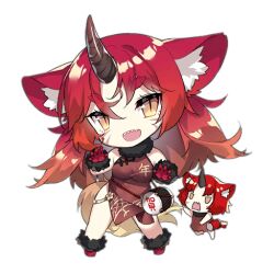 Rule 34 | 2girls, :d, animal ear request, animal ears, artist request, blush, blush stickers, brown dress, chibi, china dress, chinese clothes, claw pose, dragon print, dress, drum, facial mark, fairy (girls&#039; frontline), full body, fur-trimmed collar, fur-trimmed footwear, fur-trimmed gloves, fur trim, girls&#039; frontline, gloves, hair between eyes, horns, instrument, long hair, looking at viewer, multiple girls, official art, open mouth, print dress, red footwear, red gloves, red hair, sharp teeth, simple background, single horn, slit pupils, smile, standing, tail, teeth, thick eyebrows, third-party source, translation request, transparent background, upper teeth only, v-shaped eyes, yellow eyes, zodiac fairy (girls&#039; frontline)