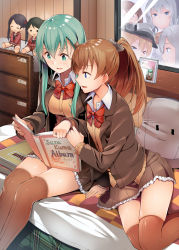 Rule 34 | 10s, 6+girls, admiral (kancolle), aqua eyes, aqua hair, blonde hair, blue eyes, bow, bowtie, breasts, brown hair, brown jacket, brown legwear, brown shorts, brown skirt, byte (allbyte), character doll, chest of drawers, commentary request, epaulettes, frilled skirt, frills, hair ornament, hairclip, hamakaze (kancolle), hat, highres, indoors, jacket, kantai collection, kashima (kancolle), kumano (kancolle), long hair, long sleeves, looking inside, mattress, medium breasts, mikuma (kancolle), mogami (kancolle), multiple girls, on bed, one eye closed, peaked cap, photo (object), pillow, pleated skirt, ponytail, prinz eugen (kancolle), reading, red bow, red bowtie, red shirt, remodel (kantai collection), rensouhou-chan, revision, ryuujou (kancolle), school uniform, serafuku, shirt, short hair, shorts, silver hair, sitting, skirt, suzuya (kancolle), thighhighs, twintails, white shirt, window