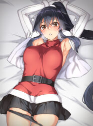 Rule 34 | 1girl, abo (hechouchou), armpit crease, armpits, arms up, belt, black belt, black hair, jacket, kantai collection, long hair, lying, miniskirt, on back, on bed, open clothes, open jacket, panties, panty pull, pleated skirt, ponytail, red eyes, red shirt, saliva, shirt, skirt, sleeveless, sleeveless shirt, underwear, white jacket, yahagi (kancolle)