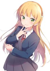 Rule 34 | 1girl, blazer, blonde hair, closed mouth, commentary request, dress, green eyes, grey dress, hazuki (sutasuta), heanna sumire, jacket, long sleeves, looking at viewer, love live!, love live! superstar!!, neck ribbon, open clothes, open jacket, pinafore dress, red ribbon, ribbon, school uniform, simple background, sleeveless dress, smile, solo, upper body, white background, yuigaoka school uniform