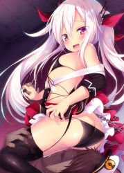 Rule 34 | 1boy, 1girl, :d, arched back, ass, azur lane, bare shoulders, bikini, bikini top only, black bikini, black dress, black panties, black sleeves, black thighhighs, blush, butt crack, chain, commander (azur lane), commentary request, detached sleeves, dress, fang, fingernails, flat chest, front-tie bikini top, front-tie top, garter straps, hair between eyes, hat, hetero, holding hands, indoors, interlocked fingers, long hair, long sleeves, looking at viewer, looking back, open mouth, panties, peaked cap, ponpon (tosico), pussy juice, red eyes, silver hair, sitting, sitting on face, sitting on person, smile, solo focus, swimsuit, thighhighs, twintails, underwear, vampire (azur lane), very long hair, white hat