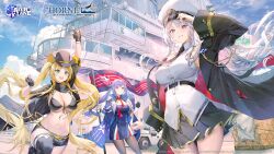 Rule 34 | 3girls, absurdres, arm up, artist request, azur lane, belt, bikini, bikini top only, blonde hair, blue sky, breasts, brown hair, buttons, capelet, cloud, cloudy sky, coat, commentary, company connection, company name, copyright name, cowboy hat, dress, enterprise (azur lane), essex (azur lane), fingerless gloves, flag, gloves, gold trim, green eyes, hat, highres, holding, hornet (azur lane), leg up, logo, long hair, long sleeves, medium breasts, midriff, multiple girls, navel, necktie, official art, open clothes, open coat, open mouth, pantyhose, parted lips, peaked cap, polearm, purple eyes, purple hair, short dress, shorts, shrug (clothing), skirt, sky, smile, stomach, swimsuit, thighhighs, thighs, twintails, weapon, white hair