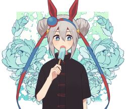 Rule 34 | 1girl, alternate costume, alternate hairstyle, animal ears, black jacket, blue eyes, chinese clothes, double bun, fang, floral background, food, grey hair, hair between eyes, hair bun, hairband, hand up, headband, holding, holding food, holding popsicle, horse ears, jacket, looking to the side, nm222hz, open mouth, popsicle, short hair, short sleeves, skin fang, solo, tamamo cross (umamusume), tangzhuang, twitter username, umamusume, upper body