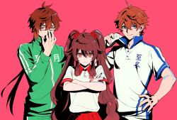 Rule 34 | 1girl, 2boys, brown hair, china tracksuit, closed mouth, clothes writing, collared shirt, commentary request, controller, crossed arms, dualsense, earrings, flower-shaped pupils, game controller, genshin impact, glasses, hair between eyes, hair ornament, hand on own hip, highres, holding, hu tao (2nd anniversary) (genshin impact), hu tao (genshin impact), jacket, jewelry, long hair, looking at viewer, meme attire, multiple boys, multiple girls, official alternate costume, orange eyes, orange hair, pink background, playstation controller, pleated skirt, ponytail, red eyes, red skirt, shirt, sidelocks, simple background, single earring, skirt, symbol-shaped pupils, tartaglia (2nd anniversary) (genshin impact), tartaglia (genshin impact), togatamaki, track jacket, twintails, very long hair, zhongli (genshin impact)