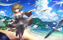 Rule 34 | 1girl, beach, bird, black dress, black footwear, black pantyhose, boat, building, clothes lift, cloud, collarbone, commentary request, cumulonimbus cloud, dark green hair, dress, dress lift, green eyes, idolmaster, idolmaster cinderella girls, leg up, lens flare, lif (lif &amp; ref), looking down, mole, mole under eye, mountain, nail polish, ocean, open mouth, outdoors, pantyhose, red nails, scenery, seagull, shoes, shore, smile, solo, sunlight, takagaki kaede, water, watercraft, waves