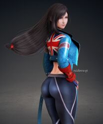Rule 34 | 1girl, 3d, ass, black hair, cammy white, cosplay, final fantasy, final fantasy vii, fingerless gloves, gloves, grey background, hand on own hip, jacket, long hair, looking back, pants, raidenwgt, red eyes, street fighter, street fighter 6, tifa lockhart, yoga pants