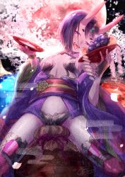 Rule 34 | 1girl, alcohol, bare shoulders, blush, bob cut, breasts, cherry blossoms, collarbone, cup, eyeliner, fate/grand order, fate (series), food, fruit, fruit bowl, full moon, grapes, headpiece, horns, ittokyu, japanese clothes, kimono, long sleeves, looking at viewer, makeup, moon, night, night sky, off shoulder, oni, open mouth, peach, purple eyes, purple hair, purple kimono, red moon, revealing clothes, sakazuki, sake, short hair, shuten douji (fate), skin-covered horns, sky, small breasts, smile, teeth, thighs, tongue, tongue out, wide sleeves
