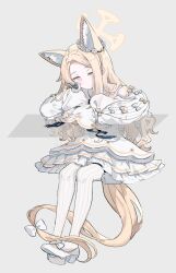 1girl absurdly_long_hair animal_ear_fluff animal_ears arm_rest bird blonde_hair blue_archive bow cross_halo detached_sleeves dress ear_wreath extra_ears fox_ears fox_girl frilled_dress frills full_body grey_background hair_bow halo head_tilt high_heels highres invisible_chair invisible_table long-tailed_tit long_hair looking_at_viewer low-tied_long_hair migolu multiple_hair_bows orange_eyes pantyhose parted_bangs petticoat pumps school_uniform seia_(blue_archive) shoes simple_background sitting sleeve_bow sleeves_past_fingers sleeves_past_wrists solo striped_clothes striped_pantyhose tit_(bird) very_long_hair wavy_hair white_dress white_pantyhose yellow_halo