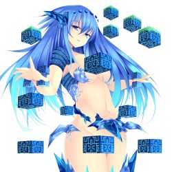 Rule 34 | 1girl, blue eyes, blue hair, breasts, cleavage, convenient censoring, cube, gradient hair, headgear, long hair, looking at viewer, multicolored hair, navel, original, revealing clothes, simple background, solo, standing, sukage