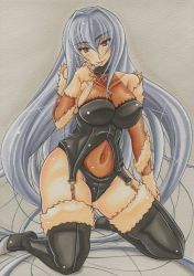 Rule 34 | 1girl, absurdly long hair, breasts, cleavage, freia kagami, grey background, large breasts, long hair, looking at viewer, simple background, smile, solo, thighhighs, traditional media, very long hair, wrestle angels, yutakasan-love