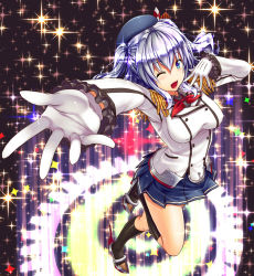 Rule 34 | 10s, 1girl, beret, bishie sparkle, black socks, blue eyes, blush, breasts, buttons, epaulettes, frilled sleeves, frills, gears, gloves, hat, jacket, kantai collection, kashima (kancolle), kerchief, kneehighs, large breasts, leg up, long sleeves, looking at viewer, military, military uniform, miniskirt, one eye closed, open hand, outstretched arm, pleated skirt, sakaki maki, sidelocks, silver hair, skirt, socks, solo, sparkle, sparkle background, standing, standing on one leg, tsurime, twintails, uniform, wavy hair, white gloves