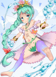 Rule 34 | 1girl, bare shoulders, barefoot, blue leggings, bracelet, braid, breasts, eizan, facial mark, fairy, feet, giji eizan, green eyes, green hair, hair ornament, hairclip, head wreath, highres, jewelry, leggings, long hair, lots of jewelry, matching hair/eyes, navel, necklace, off shoulder, original, pointy ears, revealing clothes, ring, small breasts, soles, solo, tattoo, thighhighs, toes, underboob, very long hair, water